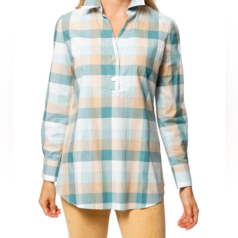 Tyler Boe "Teri" Helmsly Plaid Tunic Shirt in Beryl Blue/Peach XS